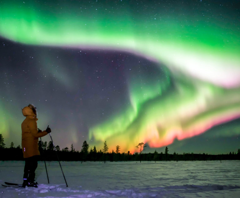 Wildmaker watching northern lights with skis